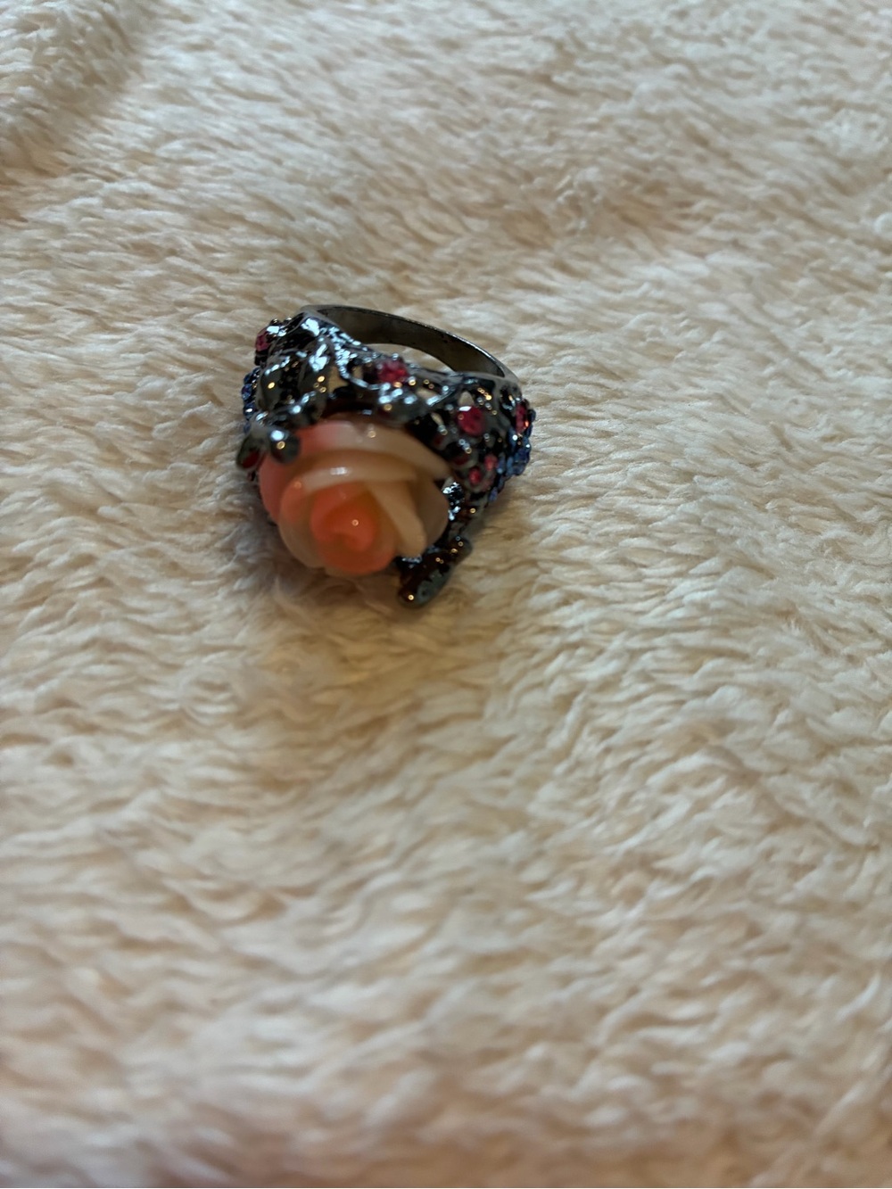 Pink Resin Rose Cocktail Ring with Crystal Accents